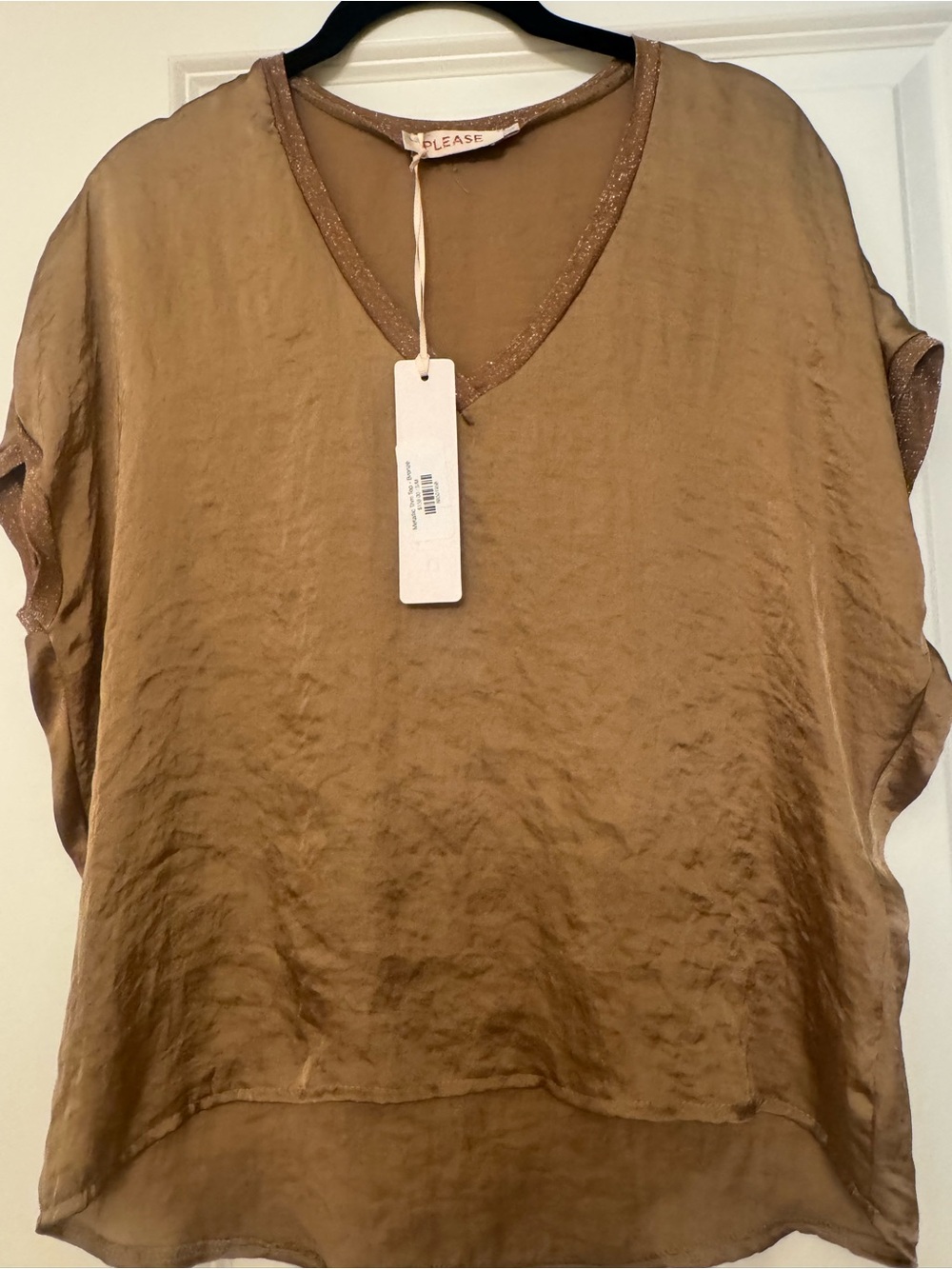 Please Satin V-Neck Tunic in Caramel Brown